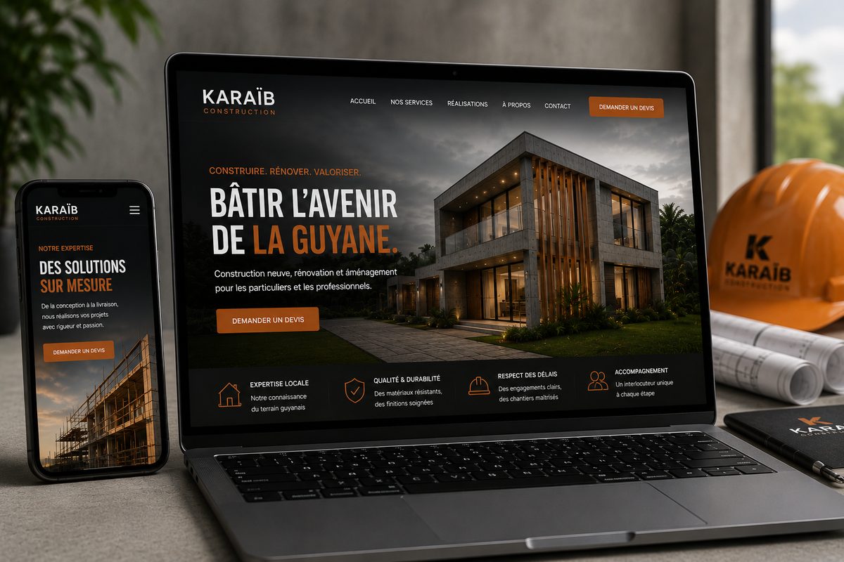 Aperçu d'un site d'entreprise du bâtiment : chantiers réalisés et formulaire de demande de devis