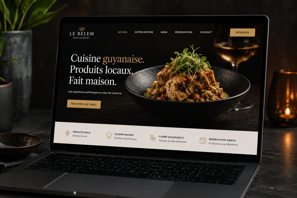 Aperçu d'un site de restaurant sur ordinateur portable : page d'accueil sombre, photo de plat et bouton de réservation